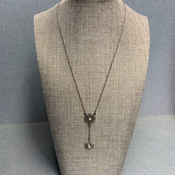 Spider Web Y-Drop Rhinestone Necklace 17 In Rhinestone Pearl Silver Halloween - Picture 1 of 8